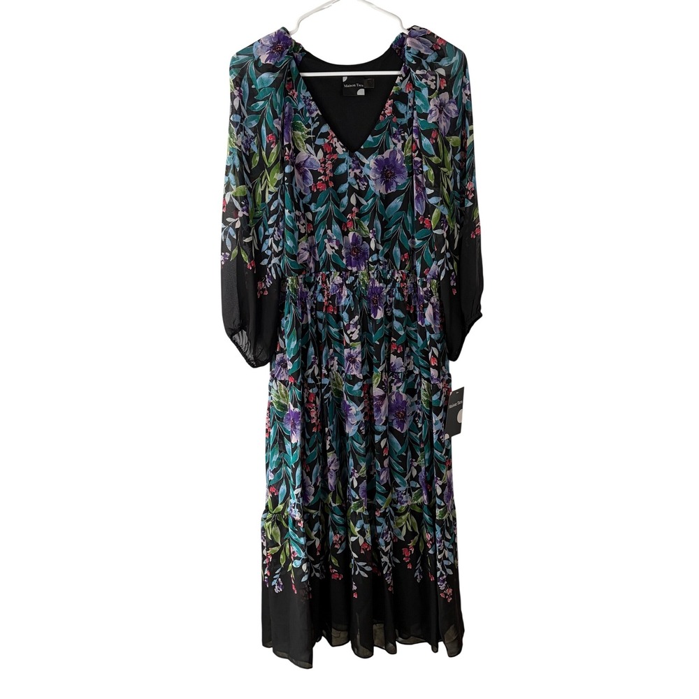 Maison Tara Black Floral V-Neck Smocked Waist Midi Chiffon Dress Size 14 NWT